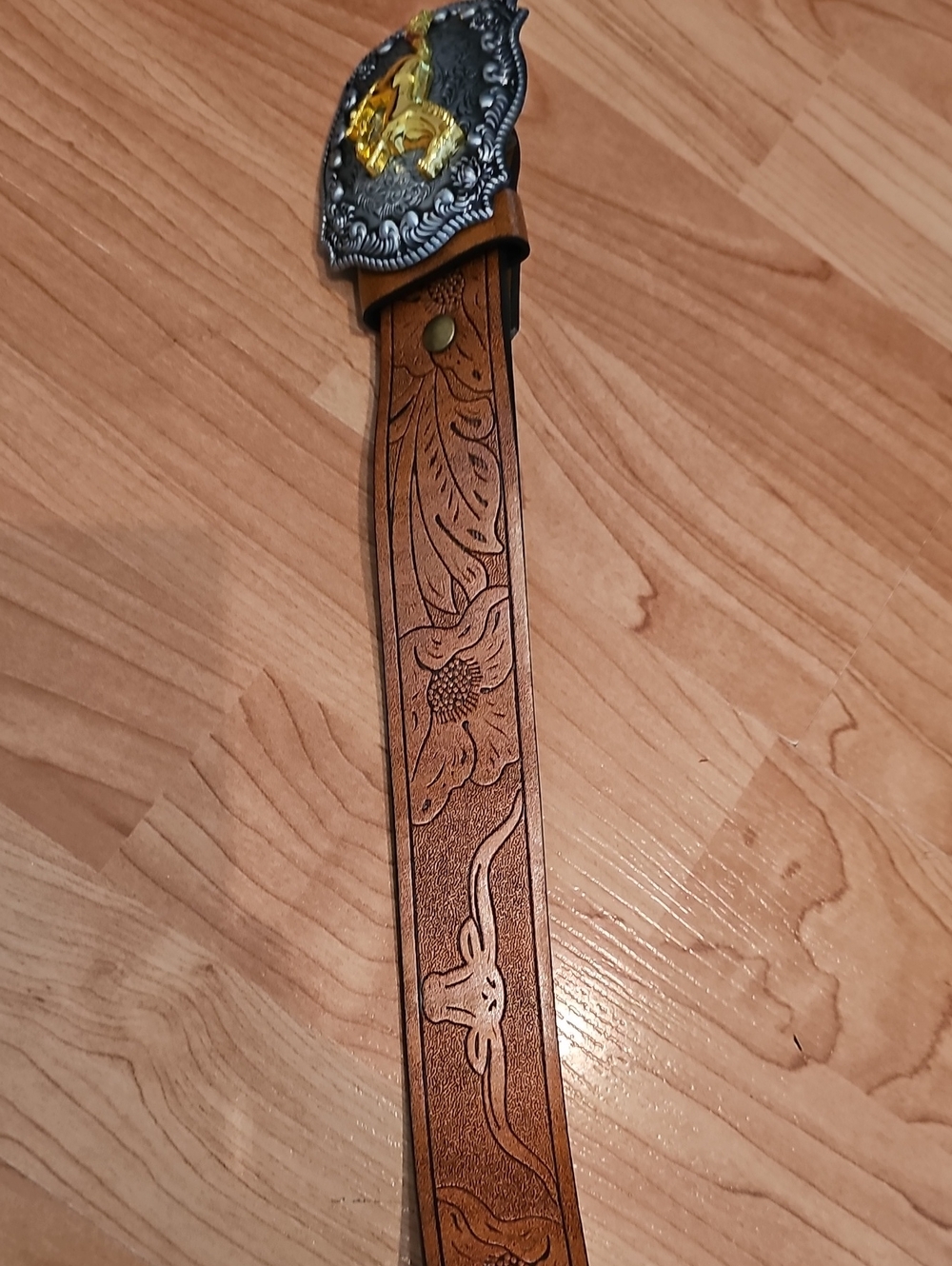 Brown Tooled Leather Western Belt with Ornate Buckle - Women